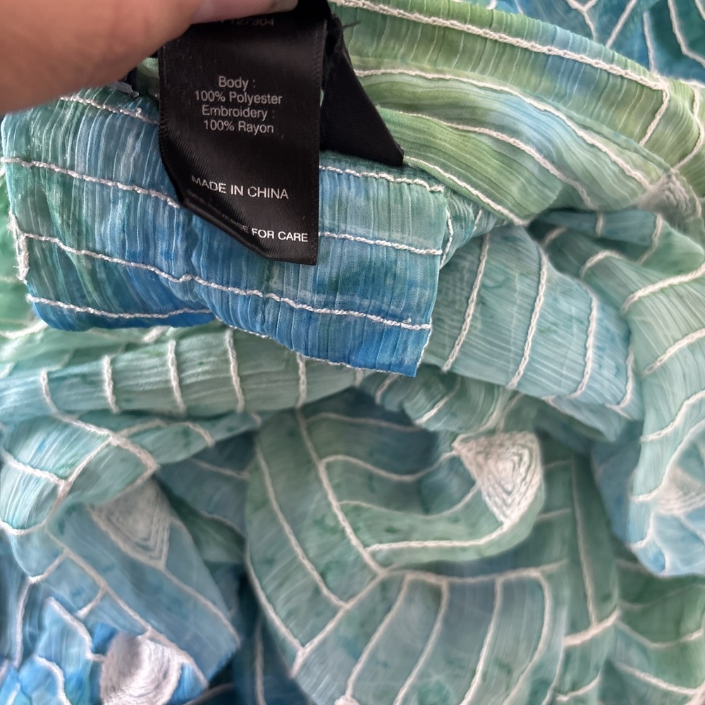 Ali Miles Women's Sz 1X Button up Tunic Top Green Blue Geometric Artsy sheer - Picture 9 of 11